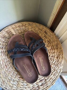White Mountain Black Braided Strap Slide Sandals